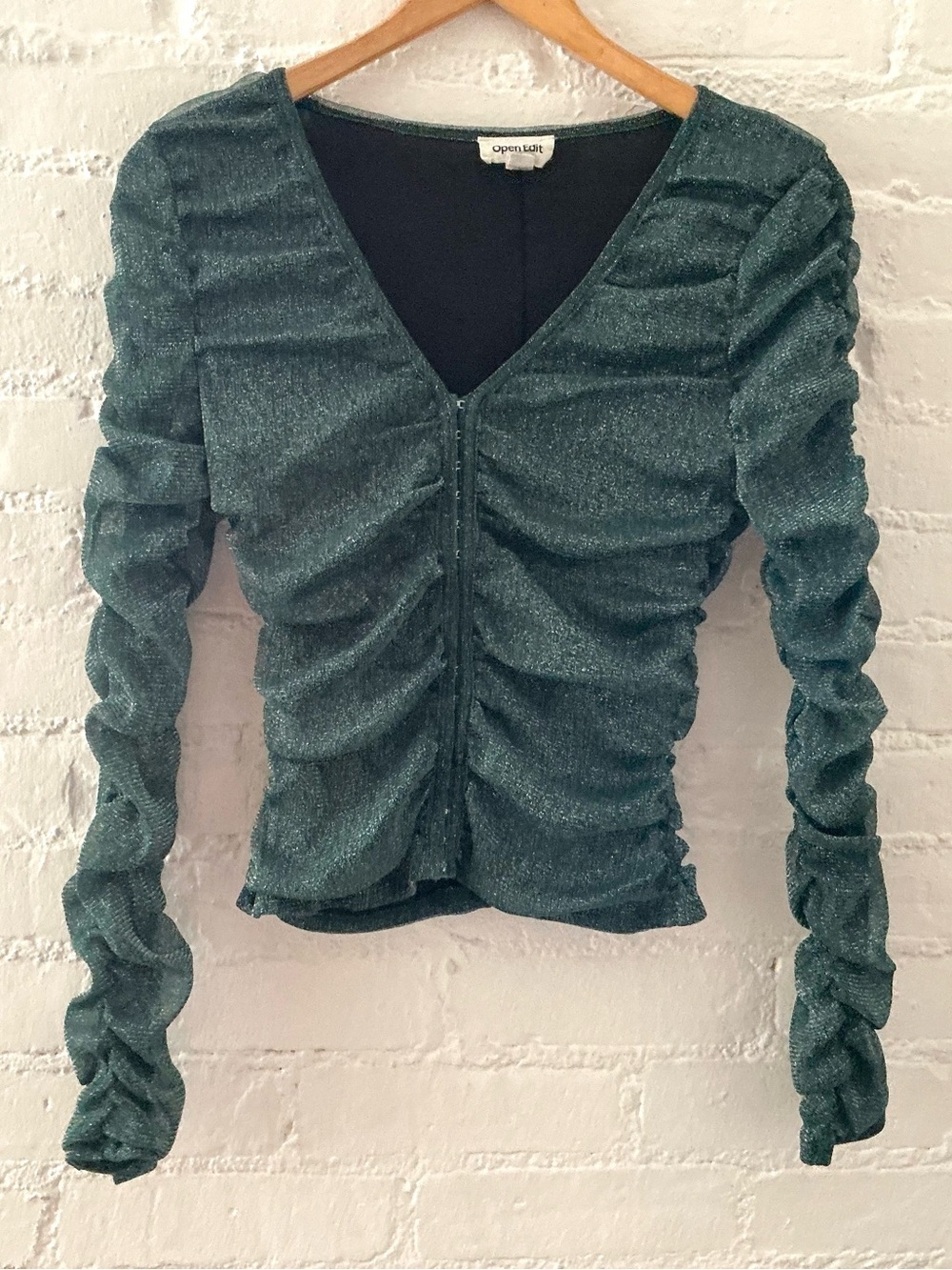 Open Edit Ruched Long Sleeve Shimmer V-Neck Top Front Hook Blouse Dark Green M